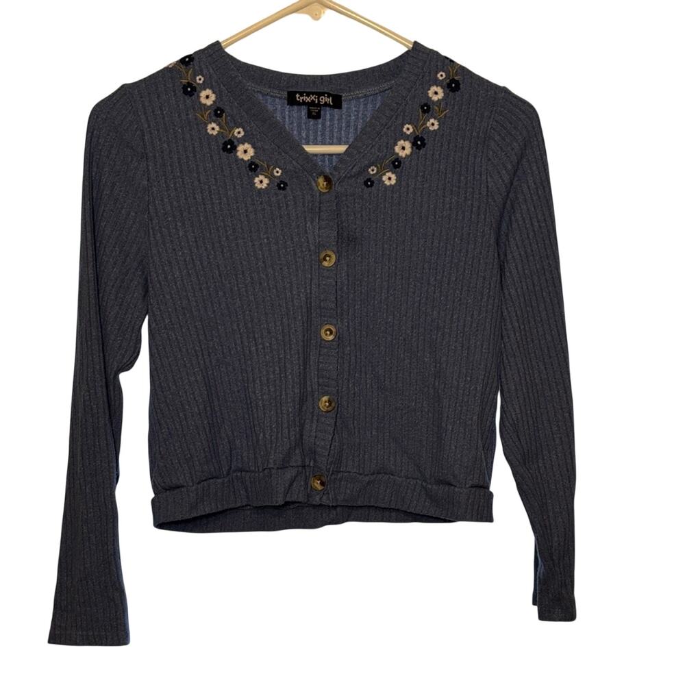 Trixxi Girl Kid’s Blue Cardigan Sweater with Floral Embroidery Embellishments XL